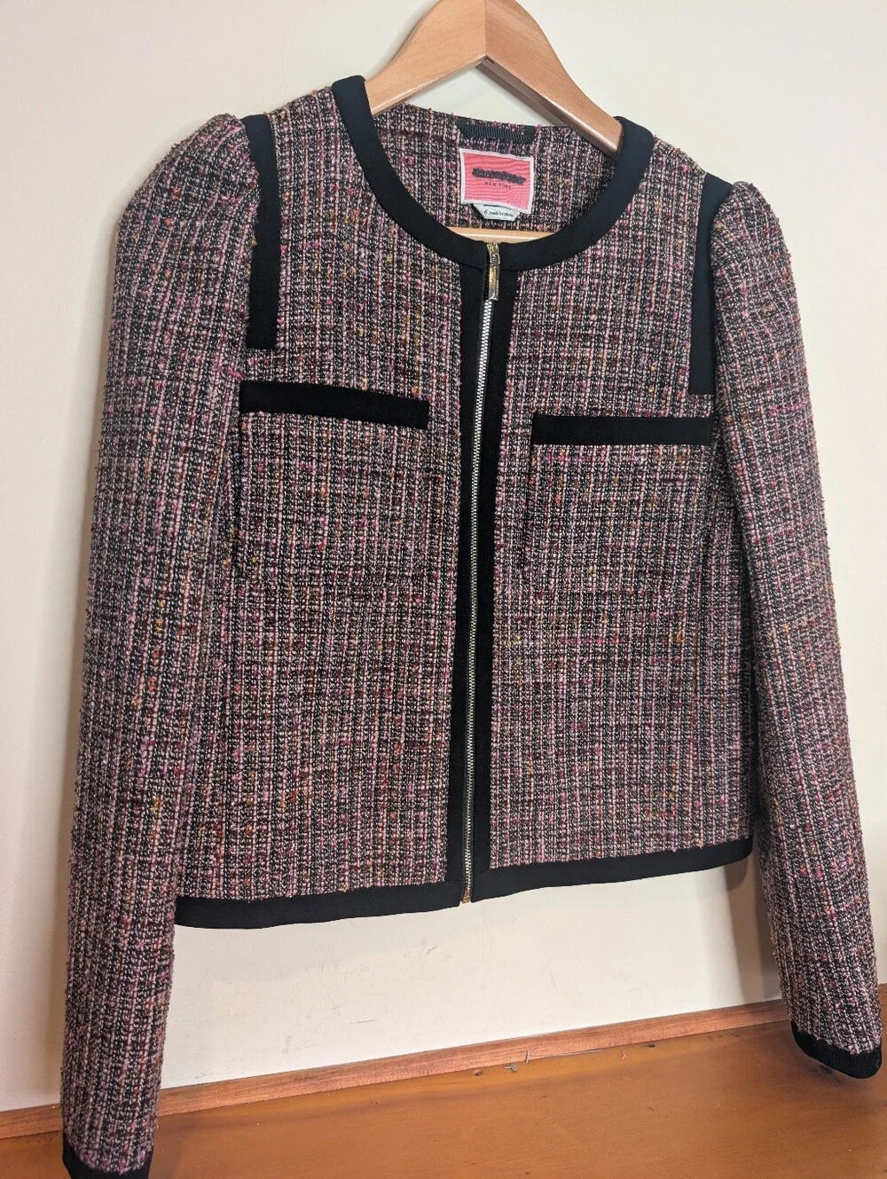 Kate Spade NY Puff Sleeve Tweed Jacket Black Multi Pink Metallic Size 6 $495
